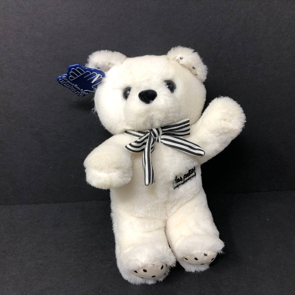 Applause Les Petits 6" White Teddy Bear Plush Striped‎ Bow Black Polka Dot Ears